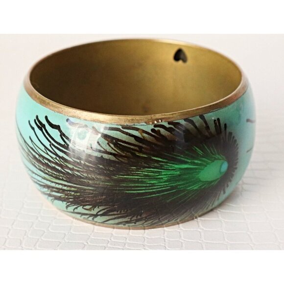 Vintage Peacock Feathers Enamel  Brass Wide Bangle Bracelet - Picture 1 of 4